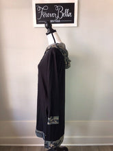 Load image into Gallery viewer, Black midi-length camo hoodie dress

