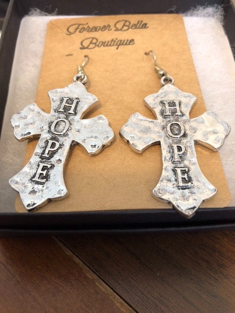 Hammered Silver Cross Hope Earrings