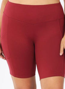 Burgundy Yoga Shorts with Pockets-Plus Size